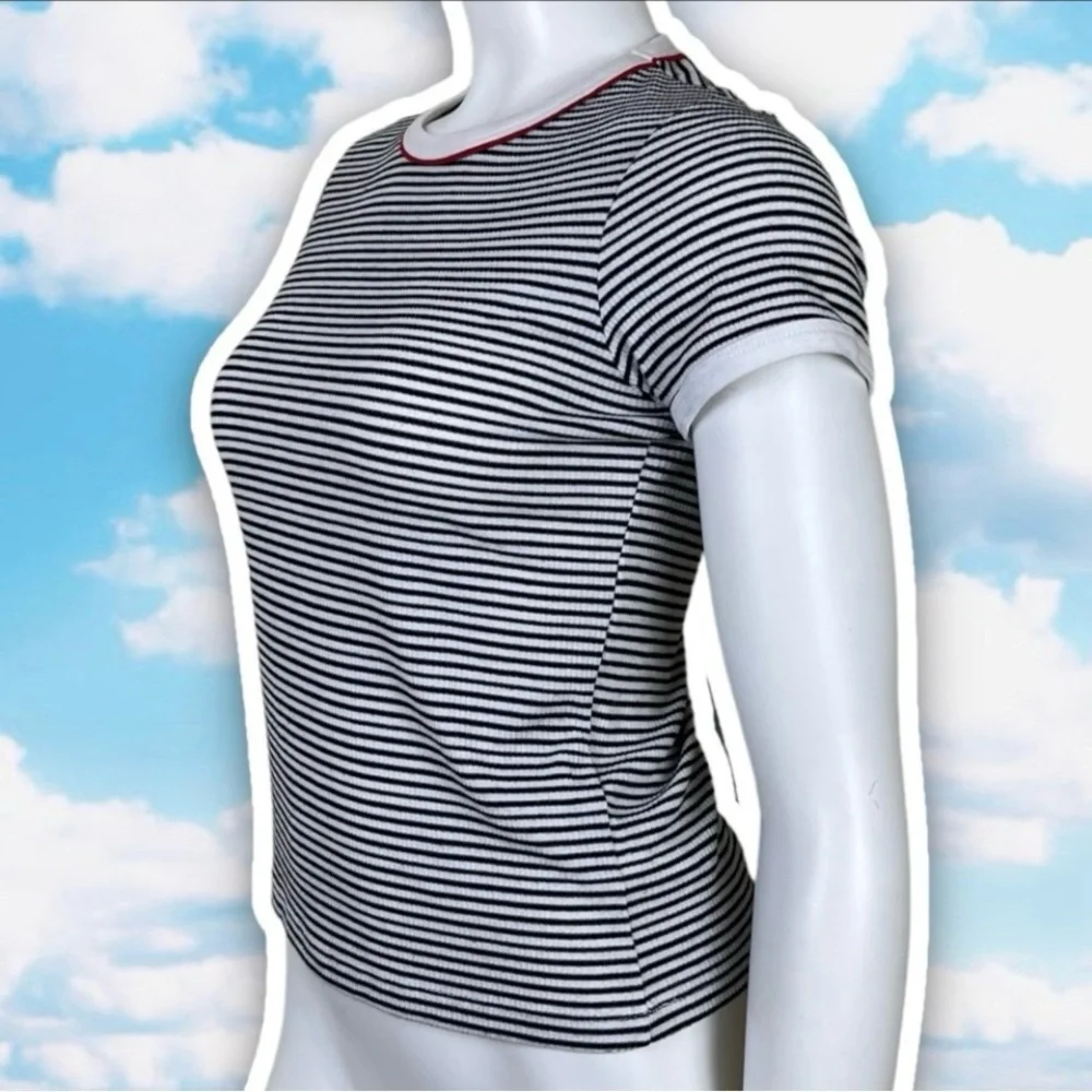 ❤️ TOPSHOP Striped Ribbed Baby Ringer Tee Basic Neutral Goth 90s Y2K Ska Petite - Picture 6 of 9